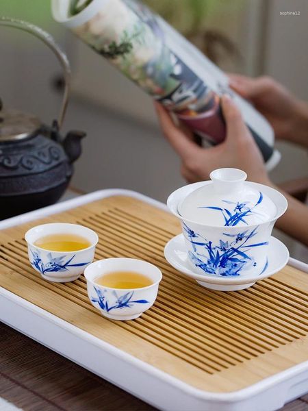 Set da tè Jingdezhen Coperchio in porcellana bianca e blu dipinta a mano Tazza da tè Singola in ceramica Grande set da tè Gaiwan Ciotola per birra