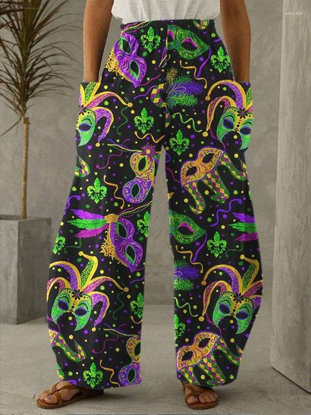 Pantaloni da donna Mardi Gras Gamba larga a tutta lunghezza Pagliaccio con piume Grafica con motivo stampato Pantaloni sottili alla moda Hipster