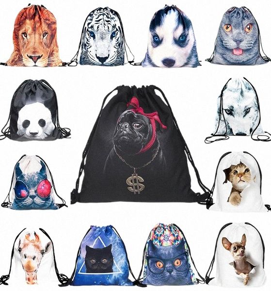 3D-Druck Tiere Hund Katze Li Panda Muster Reise Leinwand Kordelzug Tasche Kordelzug Fi Lustige Rucksack Schultasche h4Us #