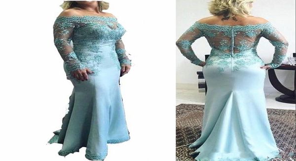 2022 vintage turquesa mãe da noiva vestidos fora do ombro rendas apliques contas de cristal mangas compridas sereia plus size festa 9148176