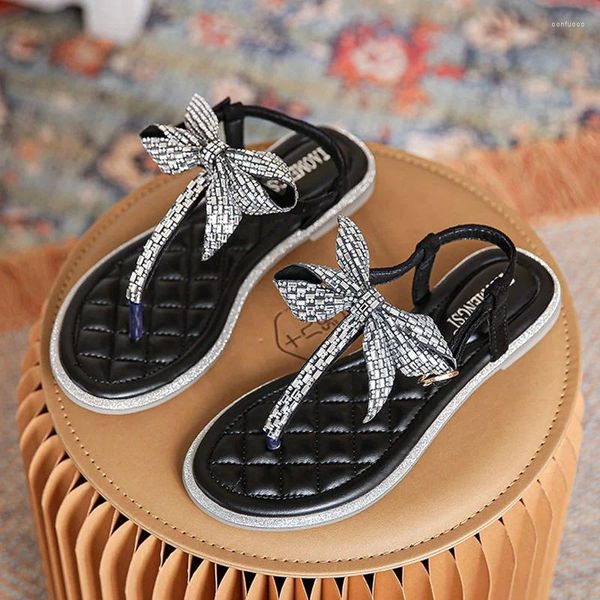 Sapatos casuais 2024 para mulheres sandálias verão menina tamanho grande bonito strass bowknot lazer chinelos senhoras plana