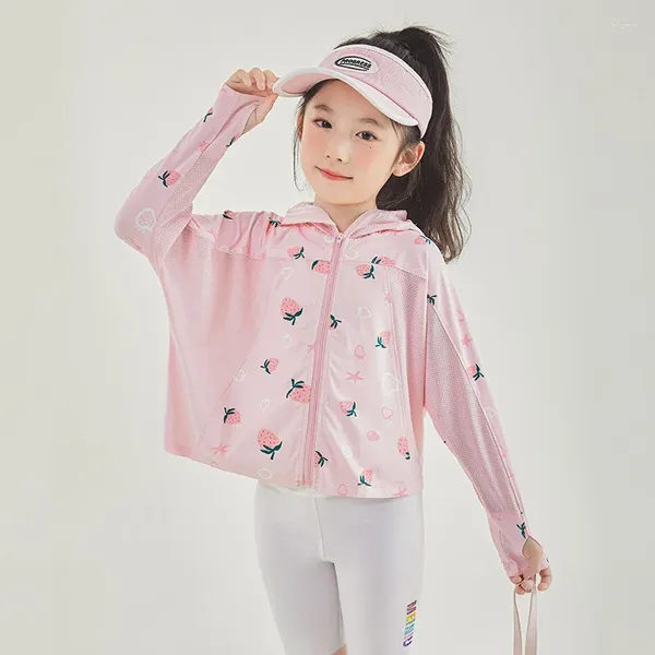 Giacche 2024 Estate Junior Girl Giacca per protezione solare Bambini Cappotti traspiranti con cappuccio Adolescente Abbigliamento rosa fragola