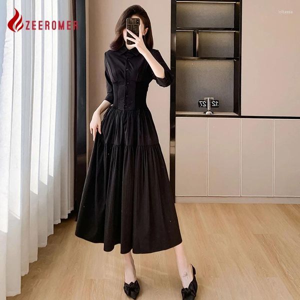 Vestidos casuais 2024 retro escritório senhora elegante preto manga longa lapela camisa vestido primavera moda única cintura cintura amarrada magro a-line