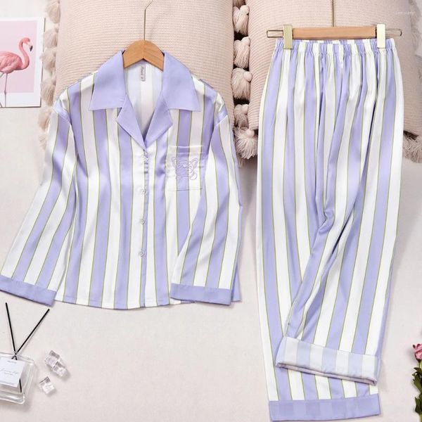 Indumenti da notte da donna Pigiama a righe viola Set Lady Satin Ricama Cartoon Dog Outfit Pantaloni da camicia a maniche lunghe Abiti da casa Indumenti da notte larghi