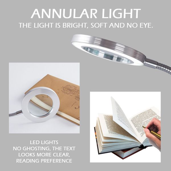Luminária de mesa USB luz de estudo com lâmpada de mesa de maquiagem de clipe com oito vezes a luz da mesa do círculo de vidro de lupa