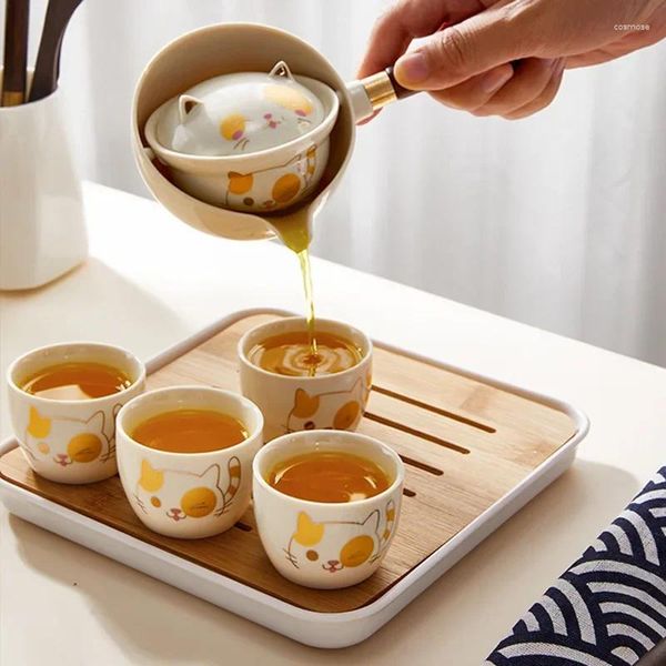 TeAware Setleri Seyahat Kamp Çay Seti Tembel Man Otomatik Yapım Aracı 1 Pot 4 Subs Yan Sap