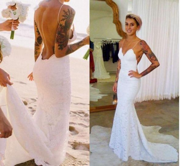 Laço branco sem costas sereia boho vestidos de casamento 2020 cintas de espaguete baixa volta vestidos de verão praia vestidos de casamento 2465206