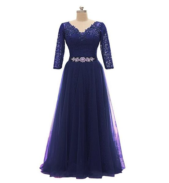 Lange Abendkleider mit V-Ausschnitt, 2019, lange Ärmel, Abendkleider, Empire-Taille, Partykleid, Lila, Marineblau, 7501853