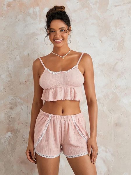 Startseite Bekleidung Damen Y2K Niedliches Pyjama-Set, ärmellos, Blumenschleifendruck, Spitze, Patchwork, Camis, Oberteil, elastische Taille, Shorts, Teenager-Mädchen, ästhetisch, zweifarbig