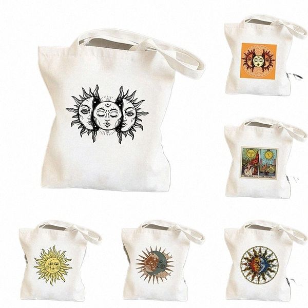 Mulheres Shopper Bag Sun e Mo Impresso Kawaii Bag Harajuku Shop Canvas Shopper Bag Menina Bolsa Tote Ombro Senhora b6NV #