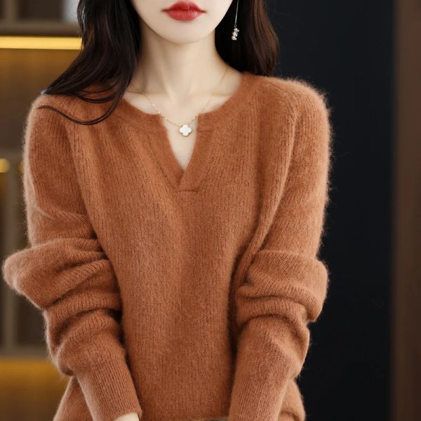 Mink Cashmere Sweater for Women, espesso, super quente, malha, moda de outono e inverno, decote em V Small, tampo de mulheres, venda quente