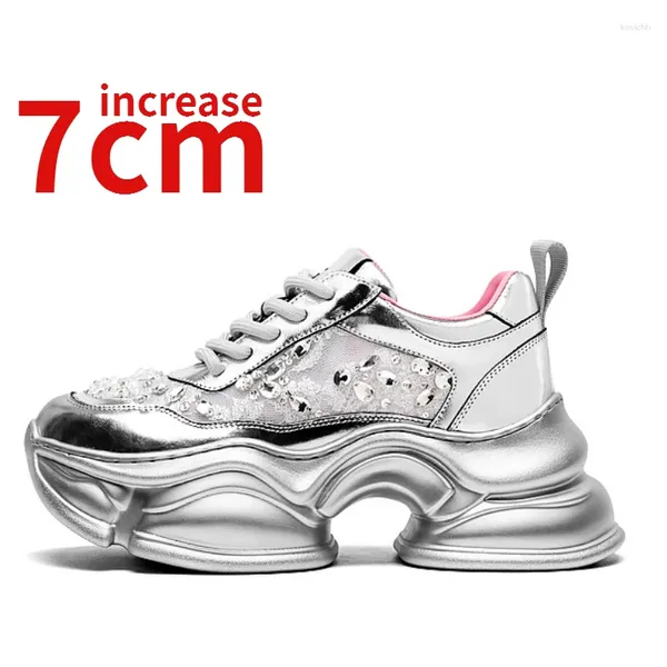 Freizeitschuhe, Schwarz/Silber, für Damen, erhöht, 7 cm, handgenäht, atmungsaktiv, sportlich, bequem, modisch, Aufzugsschuh