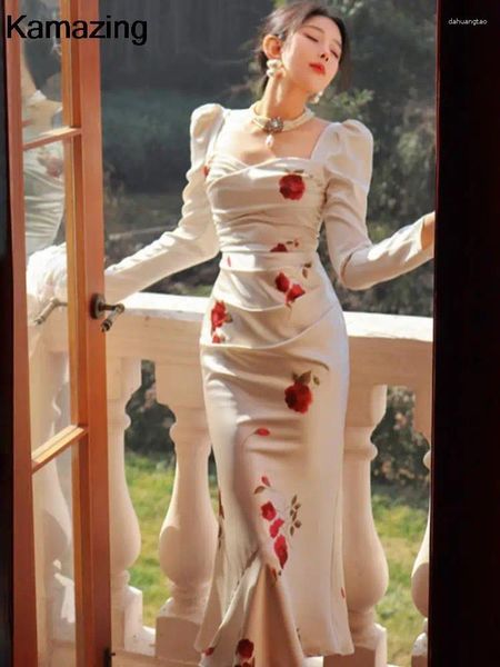 Casual Kleider Frankreich Vintage Rose Tanzen Party Kleid Damen Elegante Paket Hüfte Quadrat Kragen Vestidos Frühling Sommer Frauen Bodycon Robe