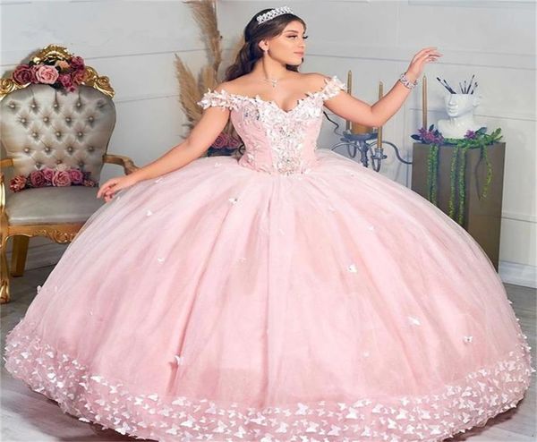 Abiti Quinceanera farfalla rosa chiaro Abito da ballo gonfio con spalle scoperte Applicazioni in pizzo Dolce 15 16 Abiti da ballo di laurea Vesti5747184