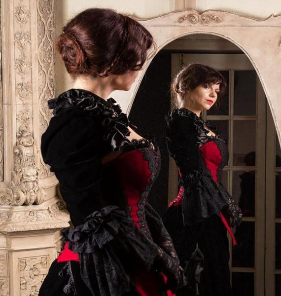 Princesa preto e vermelho gótico vestidos de casamento espartilho medieval vitoriano steampunk país vestido de casamento querida rainha jaqueta br2134342