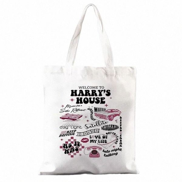 „Welcome To Harry's House“-Muster-Segeltuch-Einkaufstasche, bestes Geschenk für Harry-Fans, HS Merch Essentials für Musikliebhaber, Shop-Tasche P1Bp#