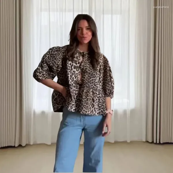 Blusas femininas 2024 camisa de leopardo casual impresso tops verão moda meninas rendas até mangas bufantes roupas soltas de alta qualidade