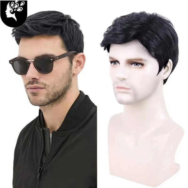 Perucas curtas masculinas preto pixie corte perucas sintéticas para jovens parte lateral natural onda reta cabelo de fibra de alta temperatura perucas diárias