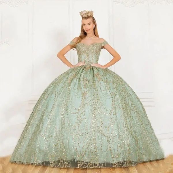 Sage verde quinceanera vestidos 2024 fora do ombro querida sem costas rendas vestidos de baile doce 16 vestidos de 15 anos