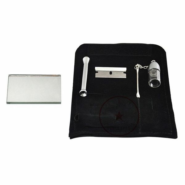 Rauchen Schwarzes Leder Tabakbeutel Tasche Kit Snuff Snorter Sniffer Snuffer Dispenser Case Glasaufbewahrungslöffel Flasche Tragbare Spiegeltasche Zigarettenspitze