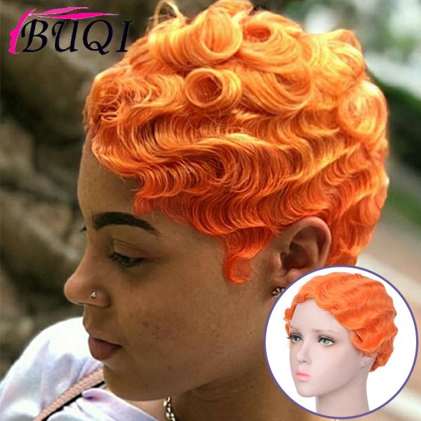 Perücken Buqi Red Orange Short Curly Perücken für afroamerikanische Frauen blond schwarze Finger Wellen Perücken synthetische Perücken Cosplay