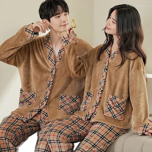 Casa roupas outono inverno primavera cor sólida conjuntos de pijama homens flanela pijamas longos pijamas menino mujer noite ternos homewear