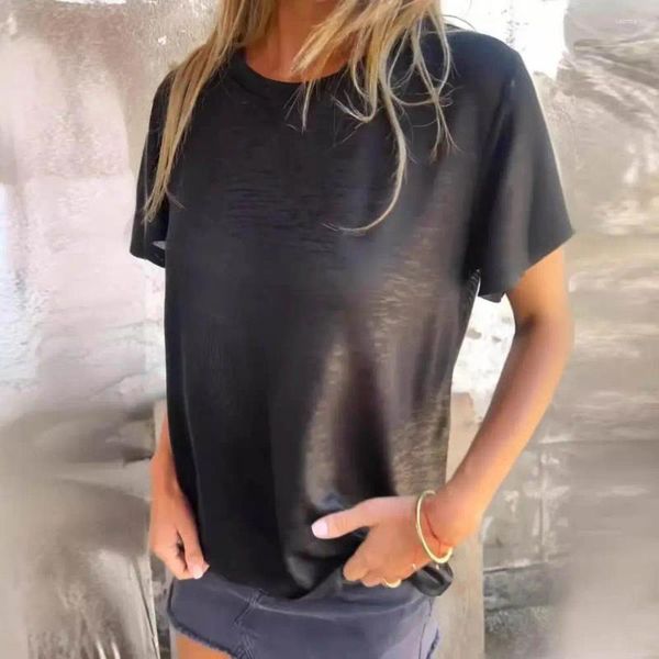 Camicette femminili a collo tondo top corto top color brillante t-shirt casual estate con cime pullover o-collota elastico