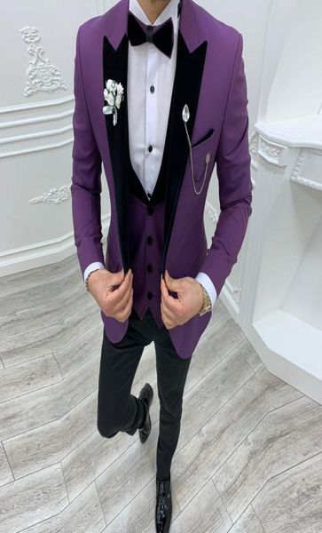 Personalizado noivo casamento smoking roxo 3 peças fino ajuste calça ternos festa de formatura terno de negócios roupa jaqueta colete calças pretas 6873961