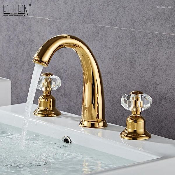 Banyo lavabo musluklar çok pirinç altın kaplama musluk altın kuğu çift kol üç delikli yıkama havzası musluk mikseri elf1513g
