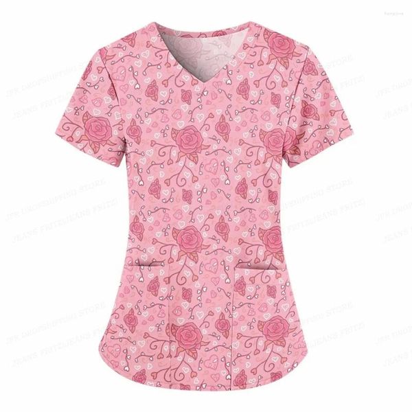 Camisas femininas flor rosa uniforme dia dos namorados com decote em v bolso uniformes carta amor enfermagem esfrega topos uniforme enfermera