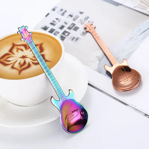 Cucchiai Cucchiaino da caffè a forma di chitarra in acciaio inossidabile Cucchiaino da tè per bambini 5 colori Uso del tè Cucina Regalo creativo