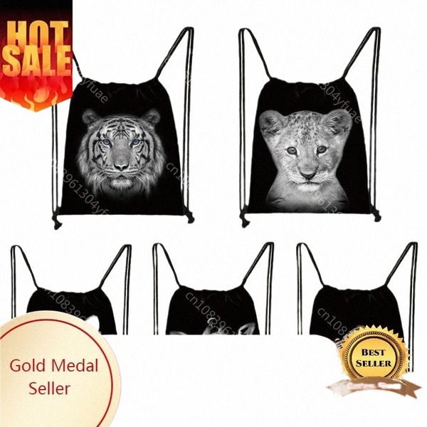 Schwarz Weiß Wilde Tiere Druck Kordelzug Männer Lagerung Taschen Jungen Tiger Li Wolf Rucksack Teenager Reisetasche Bookbag j8UR #