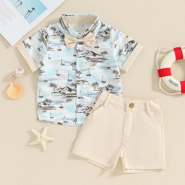 Set di abbigliamento Set da bambino per bambino Set a maniche corte con stampa ad albero, camicia con papillon e pantaloncini, completo estivo da gentiluomo