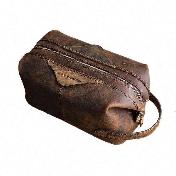 Borsa cosmetica di marca di lusso da uomo in pelle di cavallo pazzo Borsa da toilette di grande capacità Borsa da viaggio portatile con borsa per trucco organizzatore S3CS #