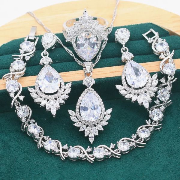 Set Set di gioielli Noble Sier per le donne Festa Topazio bianco Bracciale Orecchini Anello Collana di nozze Confezione regalo natalizia gratuita