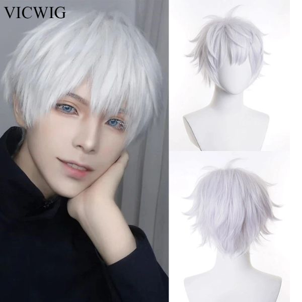 Peruklar Vicwig erkekler kısa peruk sentetik düz beyaz sarışın siyah anime cosplay ısıya dayanıklı saç peruk günlük parti için