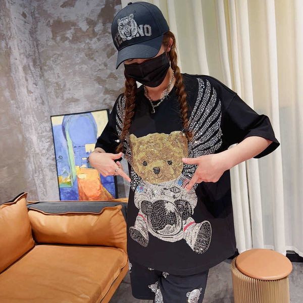 T-shirt estiva Trendy Brand Hot Diamond Space Flying Teddy Bear Maniche corte Grandi ali Nero High Street Unisex c