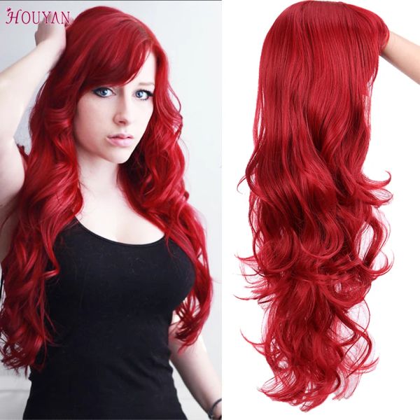 Perucas Houyan 22 polegadas de comprimento Wavy Wig com Bang Red Hair Cosplay Peruca Resistente ao Calor Perucas de Cabelo