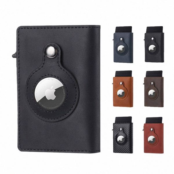 casekey Männer Rindsleder Smart Airtag Wallet RFID Crazy Horse Premium Leder Magnetverschluss Pop Up Credit Air Tag Kartenhalter Q1je #