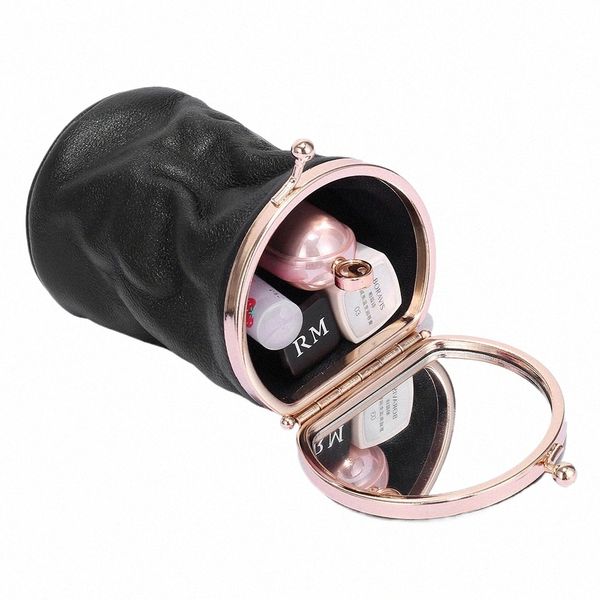 a8296 Real camada superior óleo encerado couro de vaca Fi Barrel-Shaped Cosmetic Make Up Items Case Mini Mirror Cover Batons Bag q0LS #