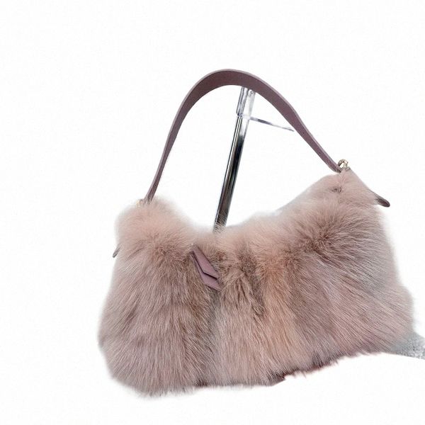 2023 outono/inverno novo saco de axilas cabelo real versi pele de raposa emendada bolsa com novo pull lock design para estilo feminino o4y9 #