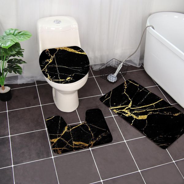Preto e dourado 3 peças tapetes de banheiros tapete de banho e toalha de papel pendurado toalhas toalhas de toalhas de banheiro grande rack mais quente do banheiro
