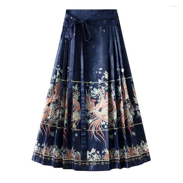 Röcke Traditionelle chinesische Kleidung Eleganter Vintage-Stil Frauen Maxirock mit Phoenix-Druck Hohe Taille Hanfu Plissee für A