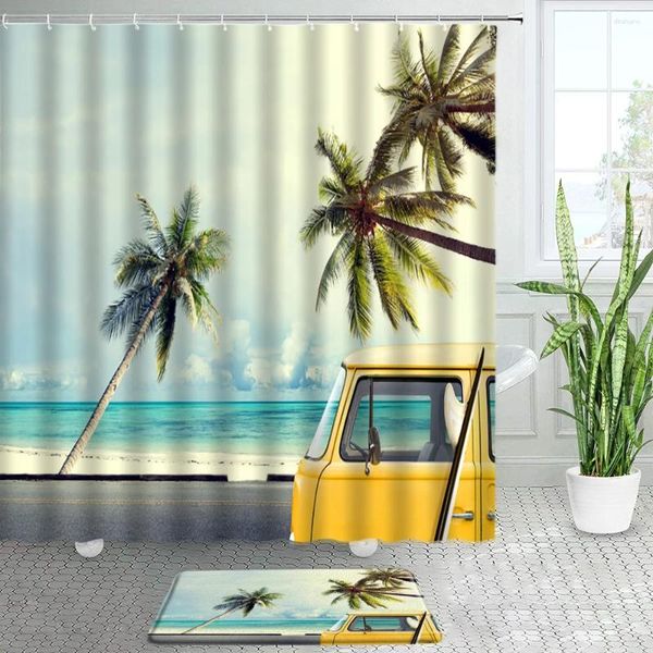 Duş perdeleri seyahat kamp banyosu paspaslar seti okyanus plajı palmiye ağaçları sarı otobüs doğal manzara banyo dekor kapı halı halı