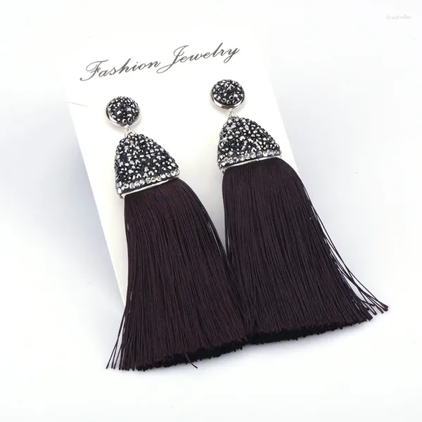 Brincos pendurados Bohemia Boho clássico tecido de seda preto borla grossa com tampa de strass conector brincos para mulheres