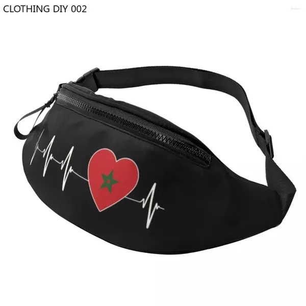 Sacos de cintura Marroquino Heartbeat Bandeira Fanny Pack Homens Mulheres Casual Amor Marrocos Coração Crossbody Bag para Viagens Ciclismo Telefone Dinheiro Bolsa