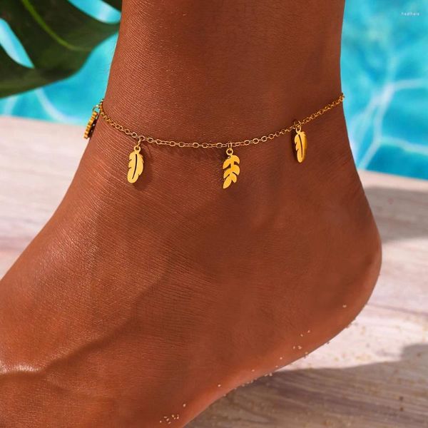 Tornozeleiras de aço inoxidável boêmio penas folhas pingente simplicidade corrente tornozeleira para mulheres jóias verão praia presentes