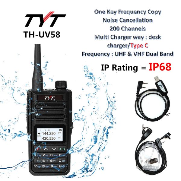 Tyt New Walkie Talkie 10W IP68 WASGERFODIO TH-UV58 200 Kanäle VHF/UHF Typ C Lading 3200mah Walkie Talkie th-uv99