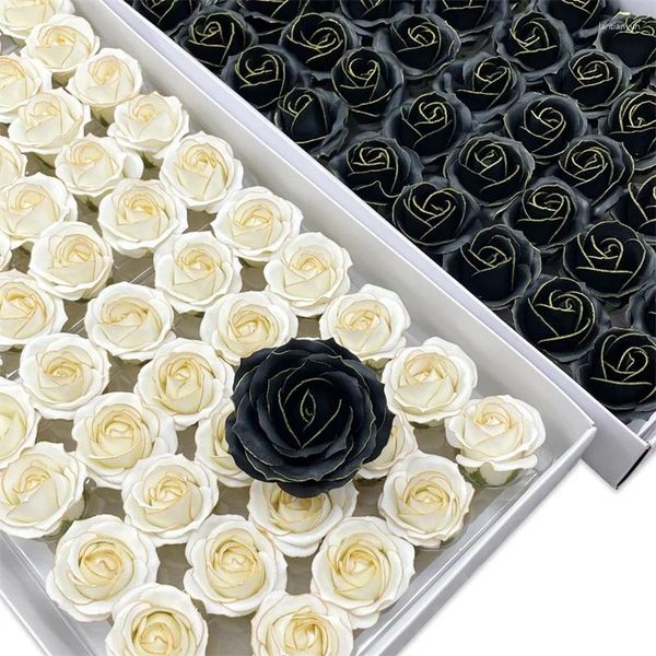 Flores decorativas 50 unidades/caixa artificial 5cm borda de ouro rosa pequena caixa de decoração de flores perfumadas buquê de casamento presente de natal sabonete diy