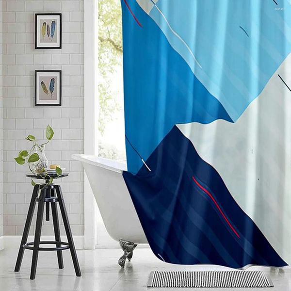 Cortinas de chuveiro azul branco geométrico cortina abstrata triângulo linhas impressas tecido de poliéster à prova d'água banheiro com ganchos